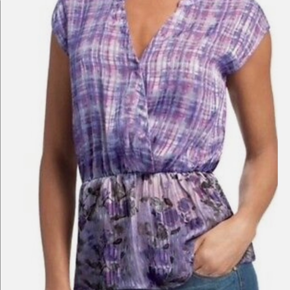 Cabi 731 Eva Peplum Top V-neck Plaid Purple Gray Geometric Sleeveless